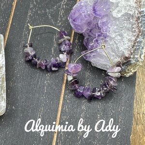 Amethyst gold steel medium hoop earrings/boho jewelry